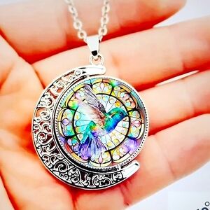 Hummingbird half moon spinning necklace